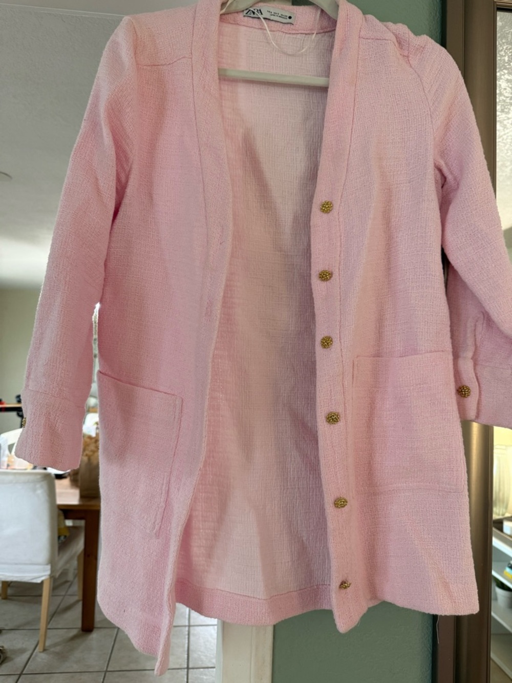 Zara Light Pink Button-Front Long Blazer
